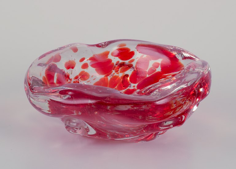 Vintage pink Murano art factory glass pedestal wavy edge large bowl