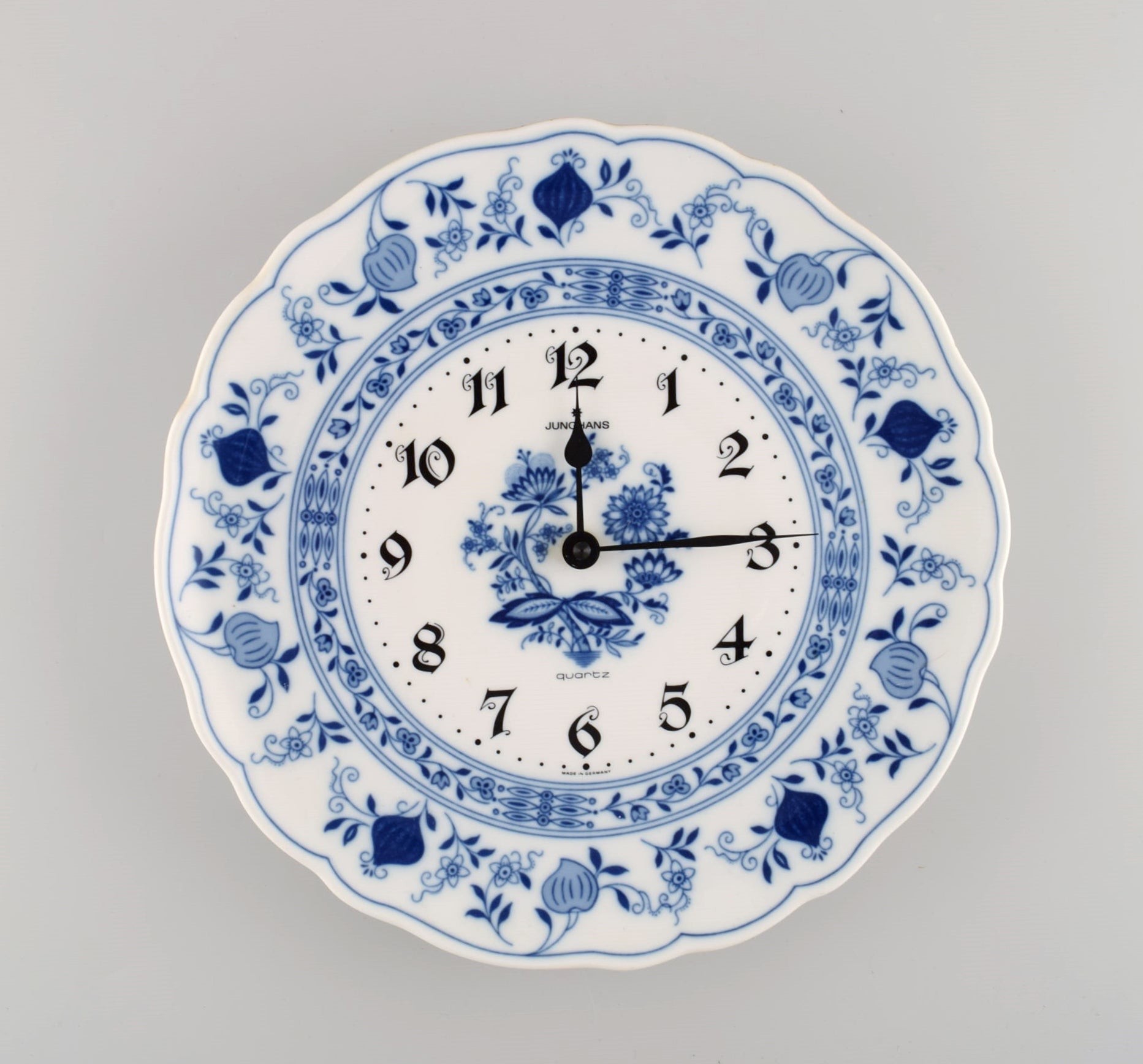 Junghans porcelain wall clock. Meissen Blue Onion style. Germany