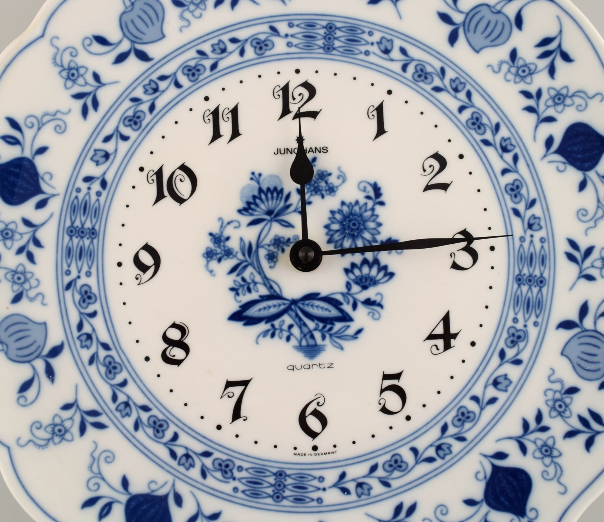 Junghans porcelain wall clock. Meissen Blue Onion style. Germany