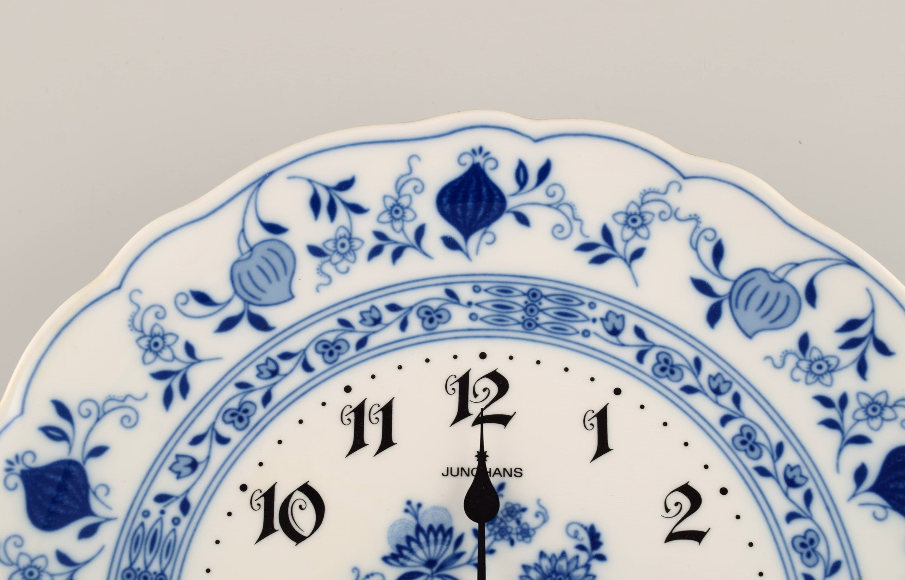 Junghans porcelain wall clock. Meissen Blue Onion style. Germany